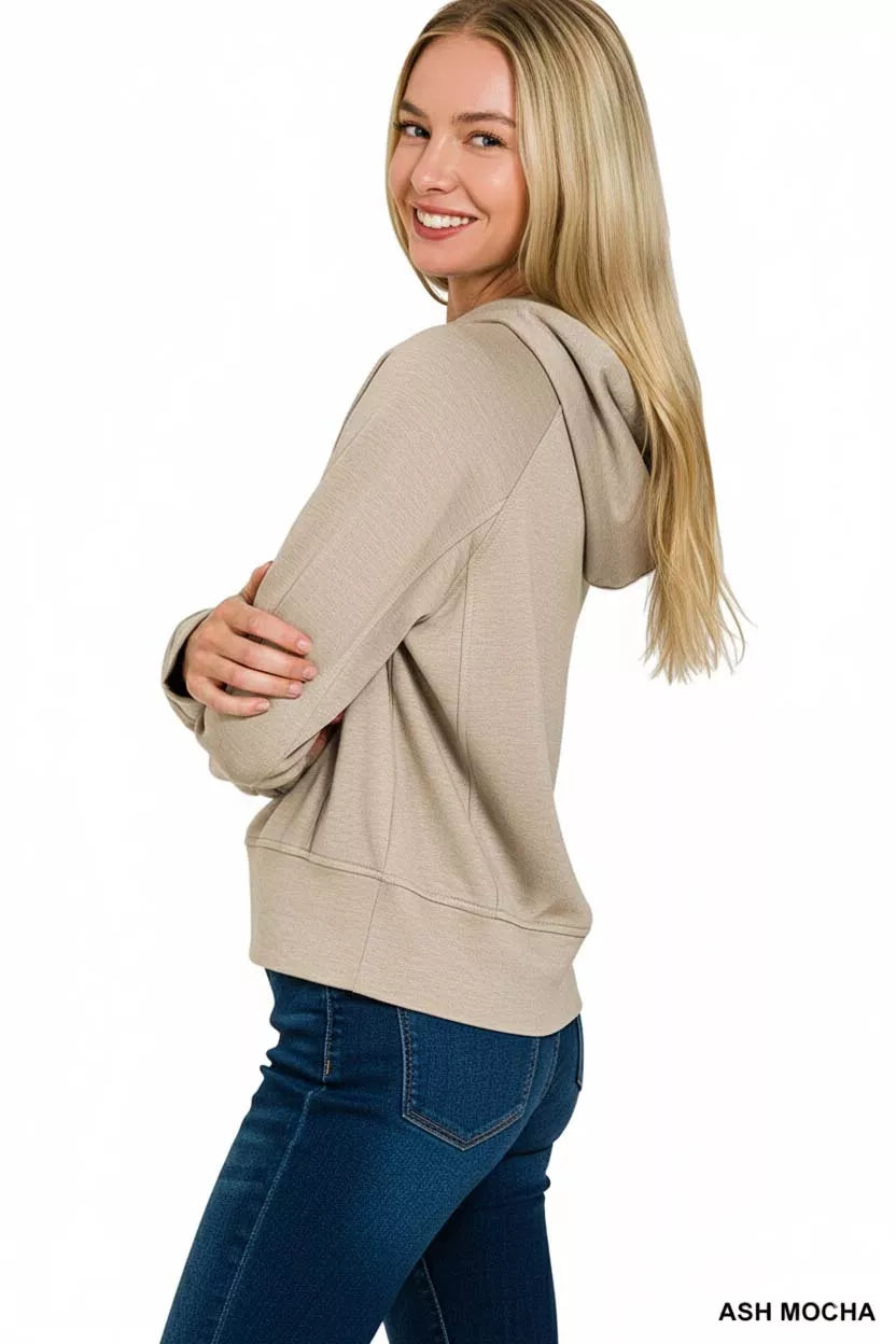 Zenana Drawstring Scuba Hoodie | Cropped Knit in Ash Mocha