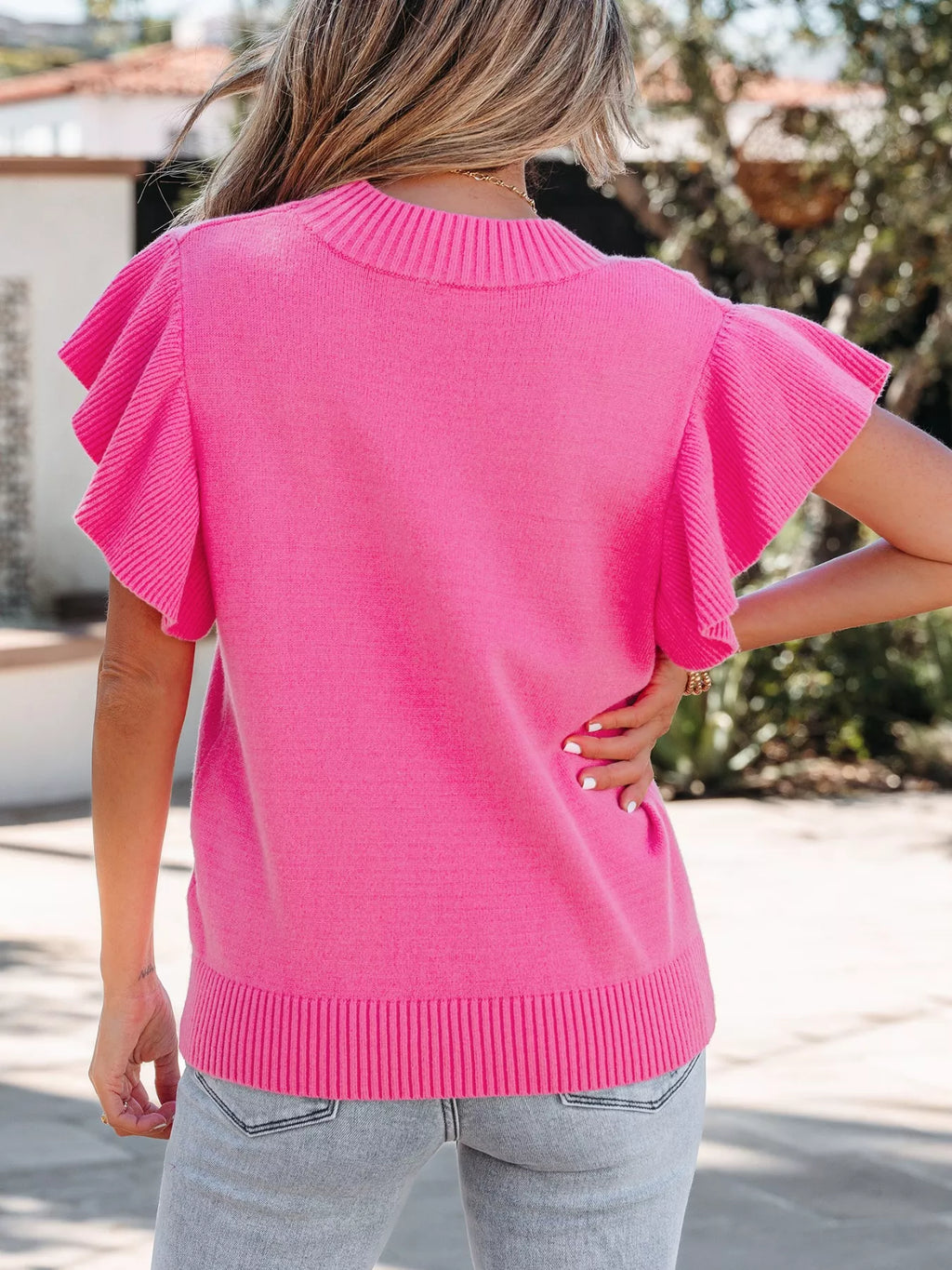 Hot Pink Ruffle Sleeve Round Neck Knit Sweater