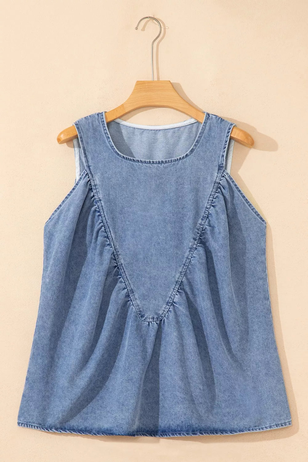 Blue Denim Pleated Patchwork Sleeveless Top for Casual Wear