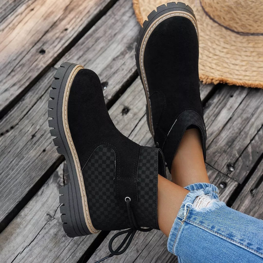 Women's Black Round Toe Platform Suede Boots with Check Detail