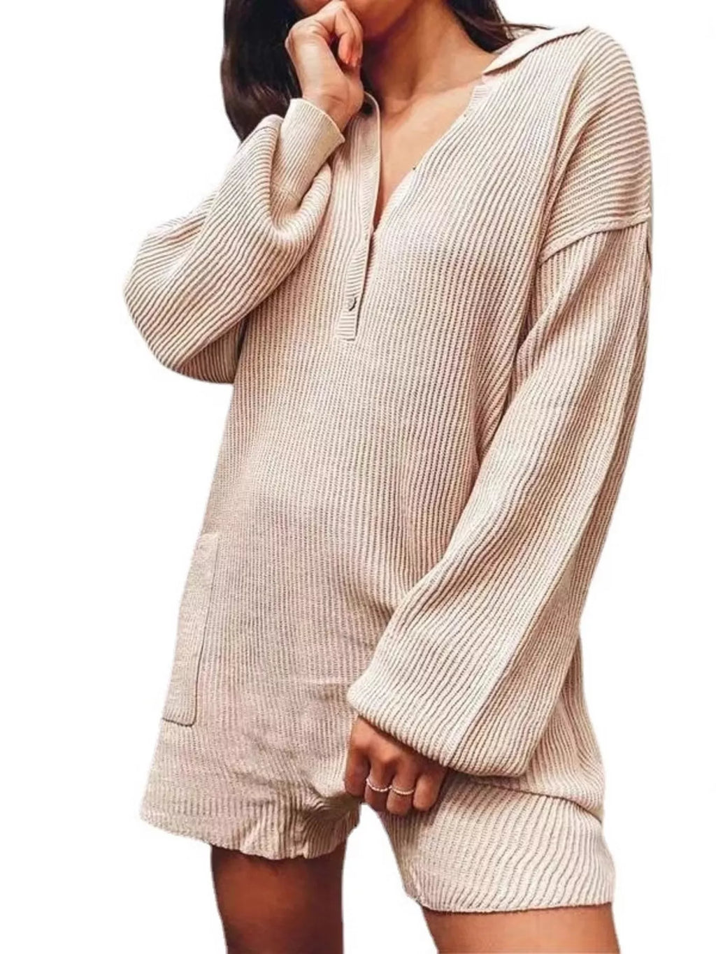 Women's Ribbed Knit Long Sleeve Romper with Pockets