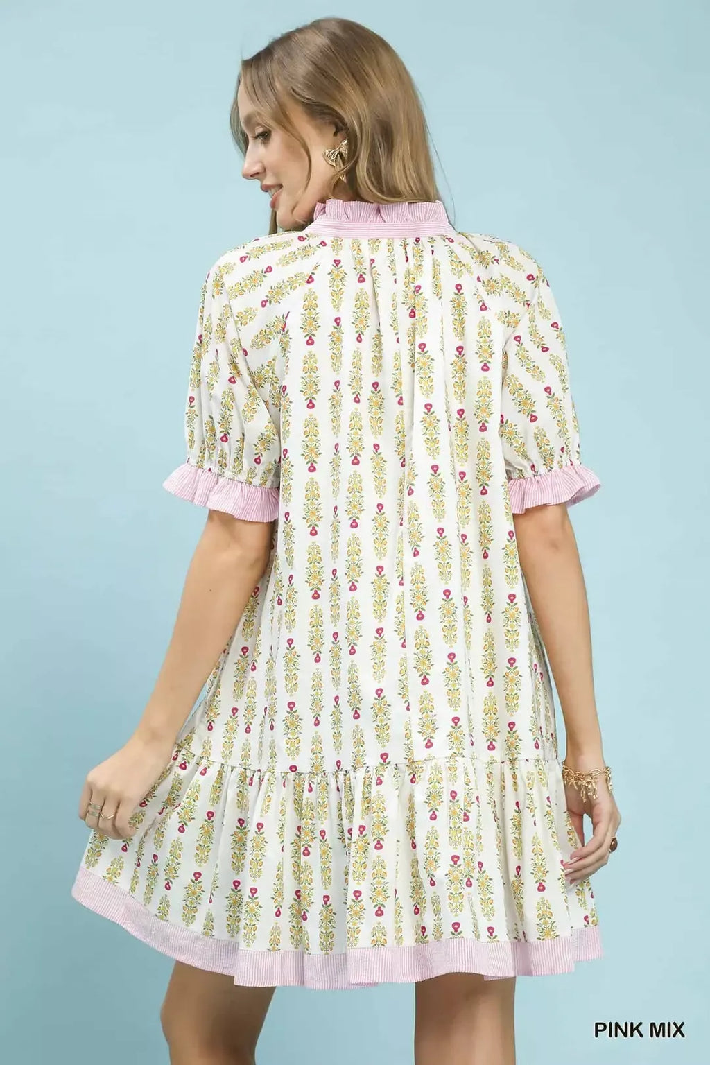 Floral Print Mini Dress with Striped Trim and Ruffle Details
