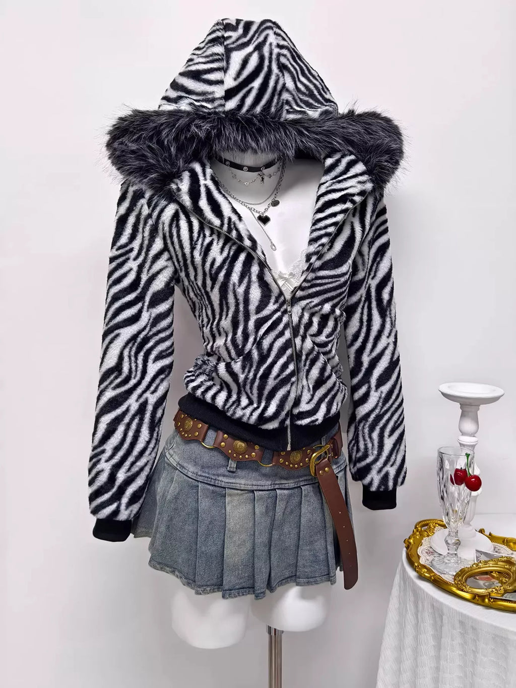 Zebra Faux Fur Hooded Zip-Up Jacket