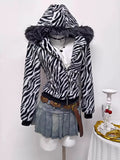 Zebra Faux Fur Hooded Zip-Up Jacket