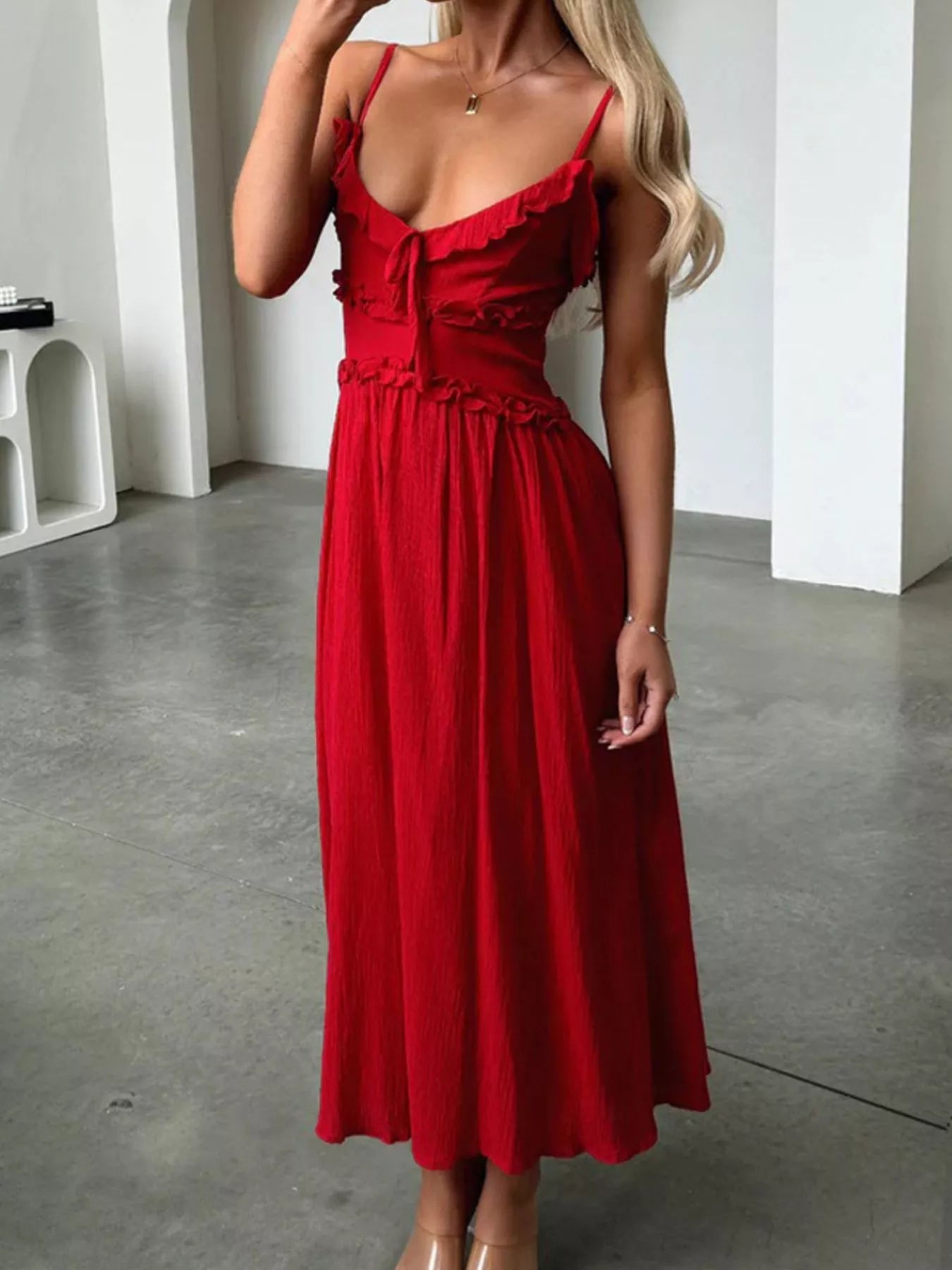 Light Pink Ruffled Spaghetti Strap Midi Dress