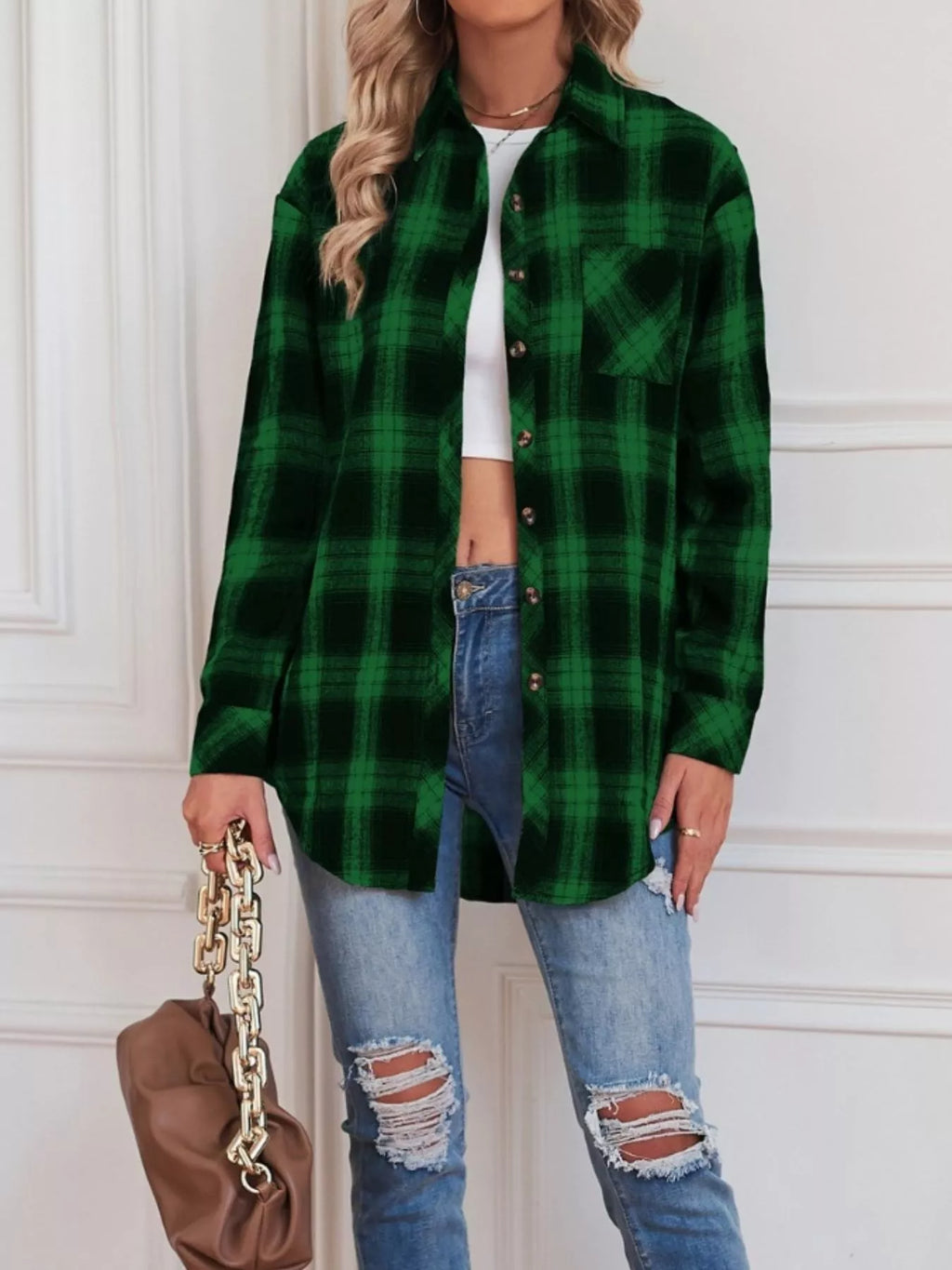 Women's Black and White Plaid Button Up Long Sleeve Shirt