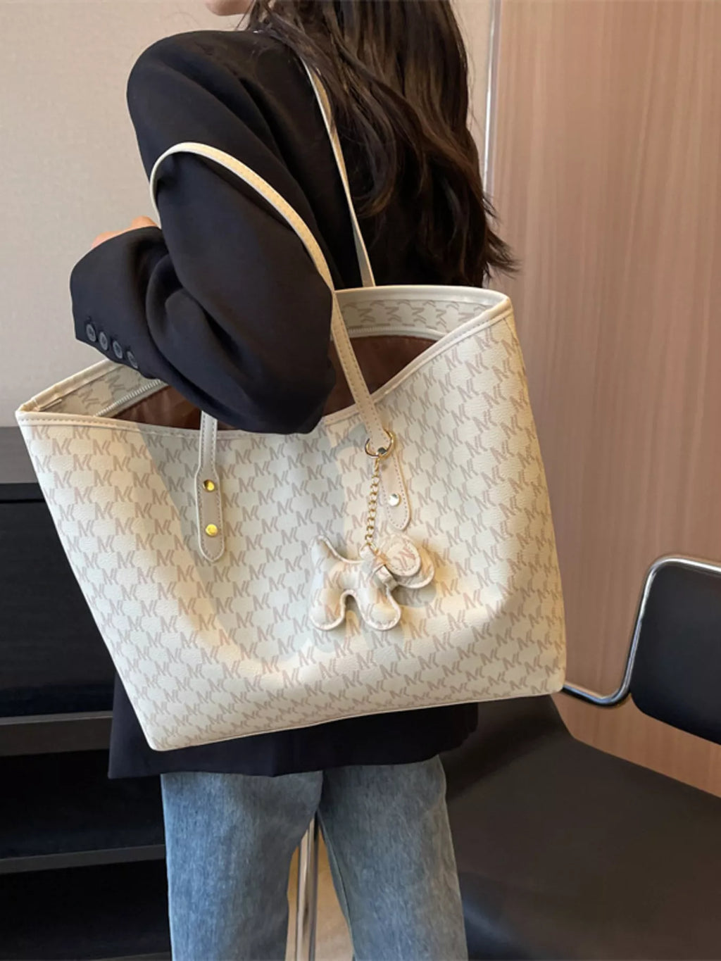 Beige Patterned Large Capacity Tote Bag PU Leather Shoulder Bag