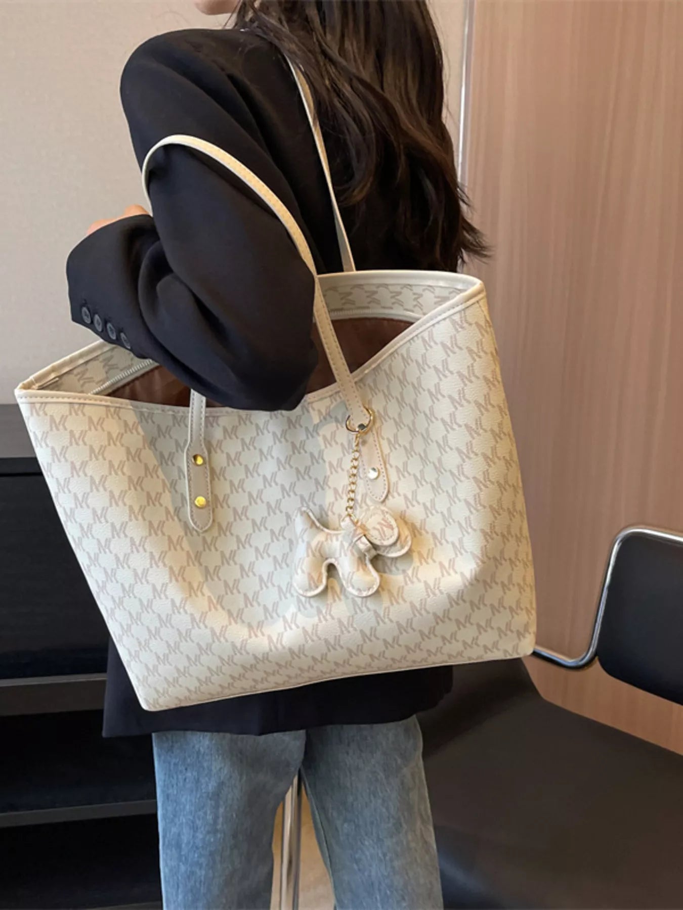 Beige Patterned Large Capacity Tote Bag PU Leather Shoulder Bag