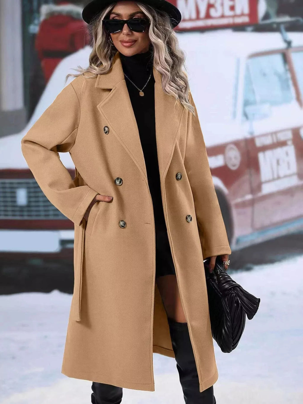 Women's Red Double-Breasted Lapel Collar Belted Long Overcoat