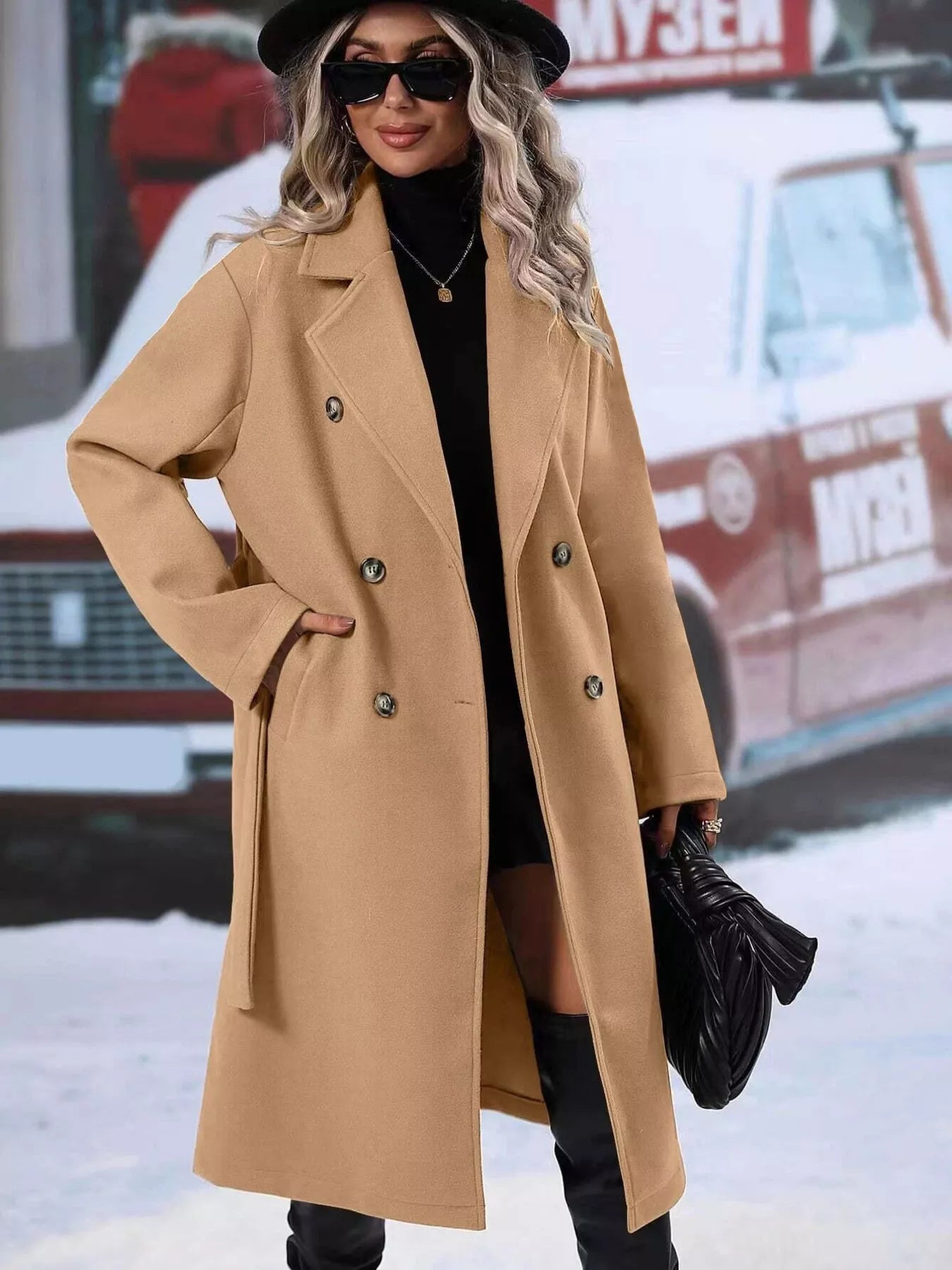 Women's Red Double-Breasted Lapel Collar Belted Long Overcoat