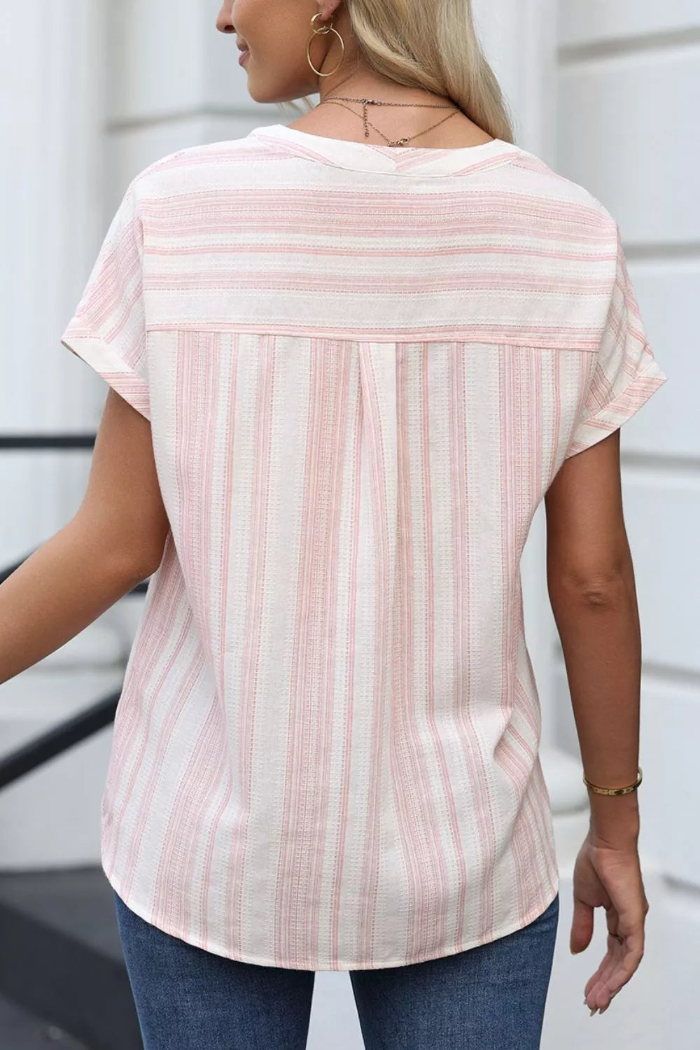 Women Striped Button Detail Short Sleeve Blouse Casual Shirt