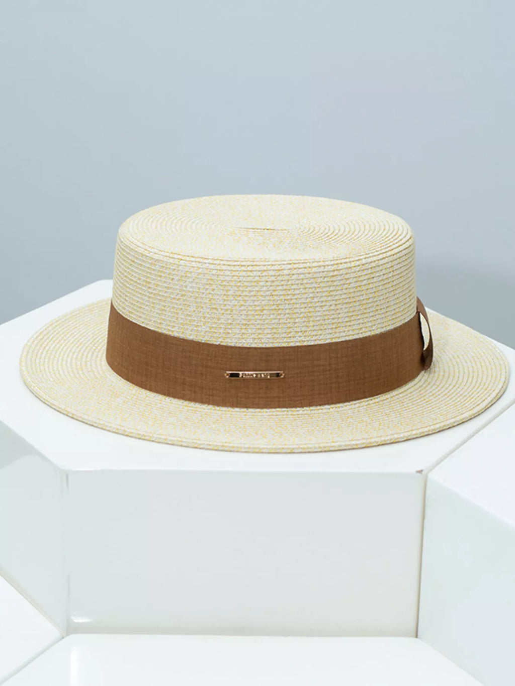 Straw Boater Hat with Ribbon Band and Metal Accent