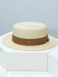 Straw Boater Hat with Ribbon Band and Metal Accent