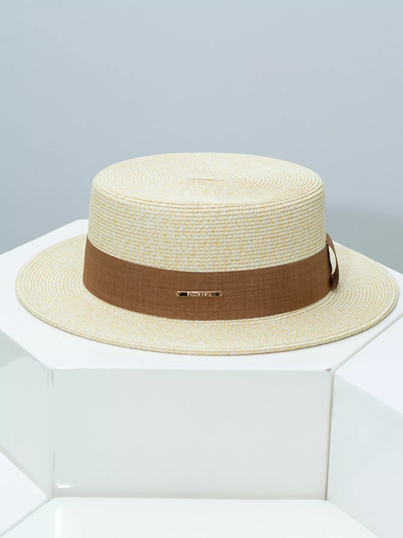 Straw Boater Hat with Ribbon Band and Metal Accent