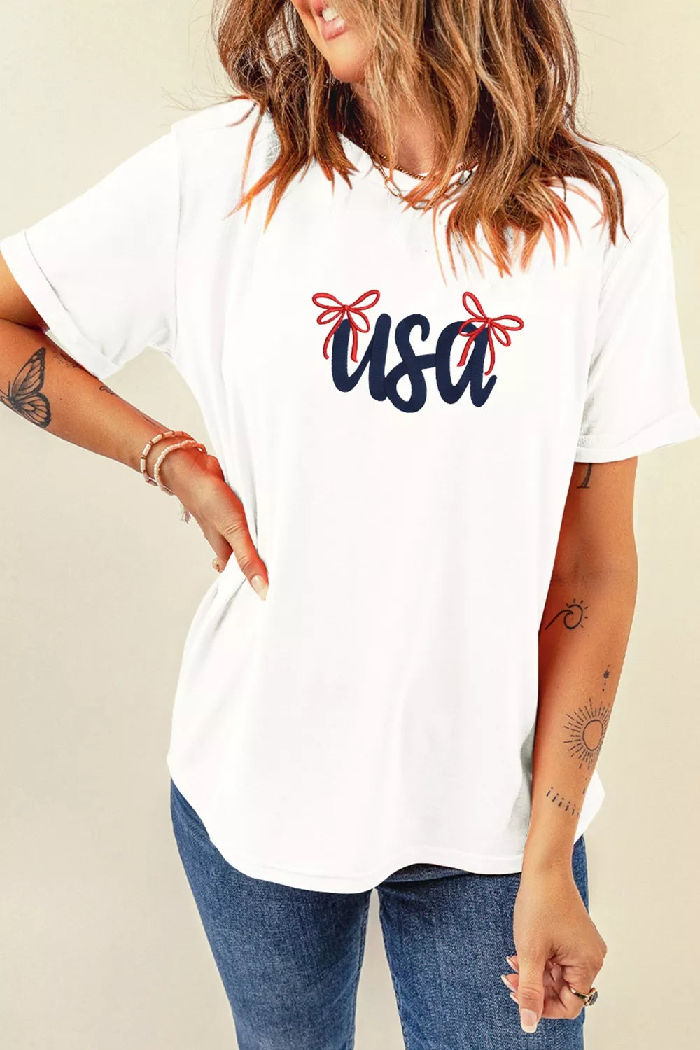 USA Lettering Bow Embroidered White Short Sleeve Crewneck T-Shirt