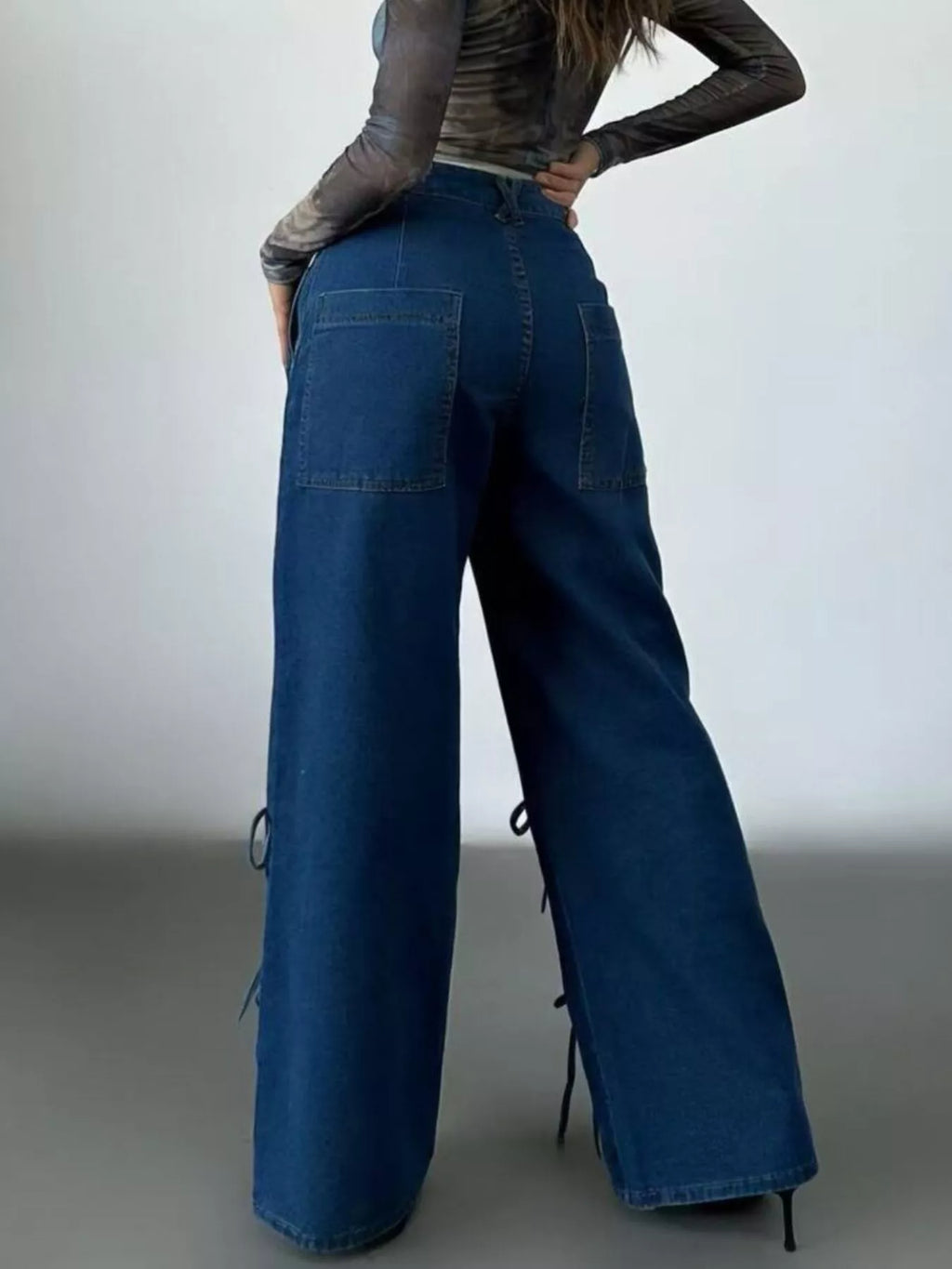 Women's Wide Leg Denim Jeans with Side Lace-Up Detail