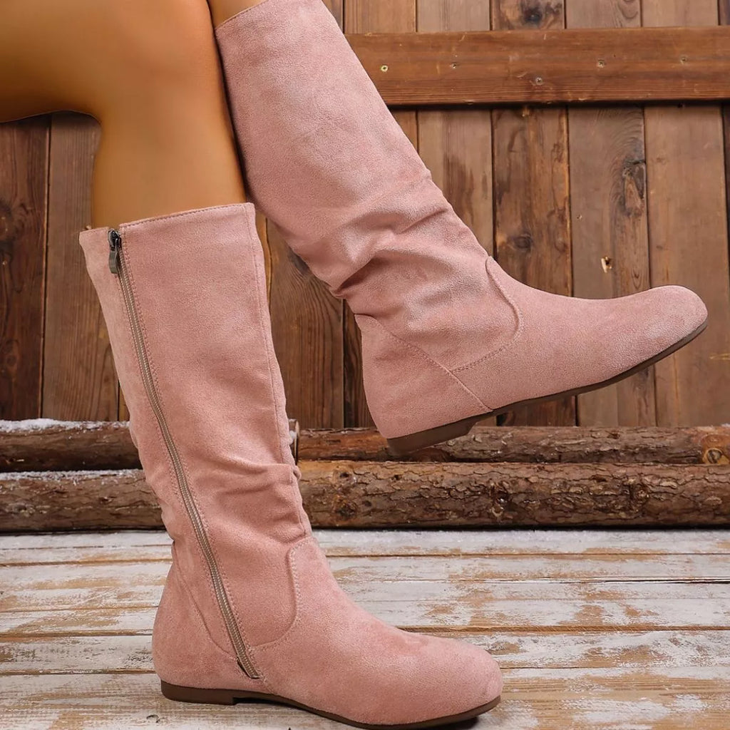 Women's Round Toe Side Zip Suede Mid-Calf Boots