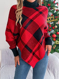 Women's Plaid Turtleneck Batwing Sleeve Sweater in Red and Black