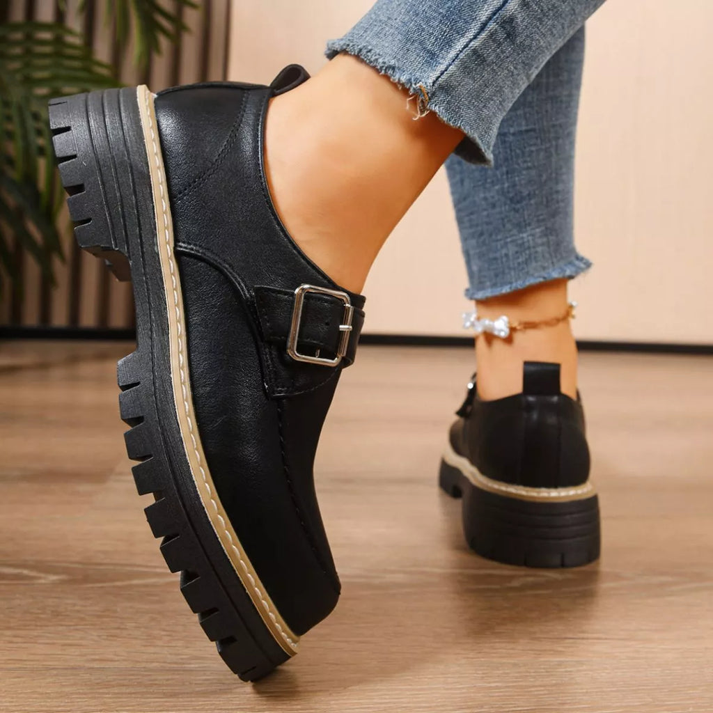 Women's Burgundy Round Toe Buckle Loafers Mid Heel Casual Shoes