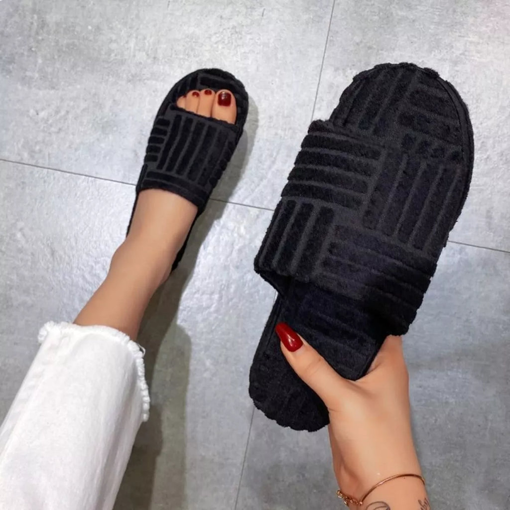 White Open Toe Platform Slippers Textured Slide Sandals
