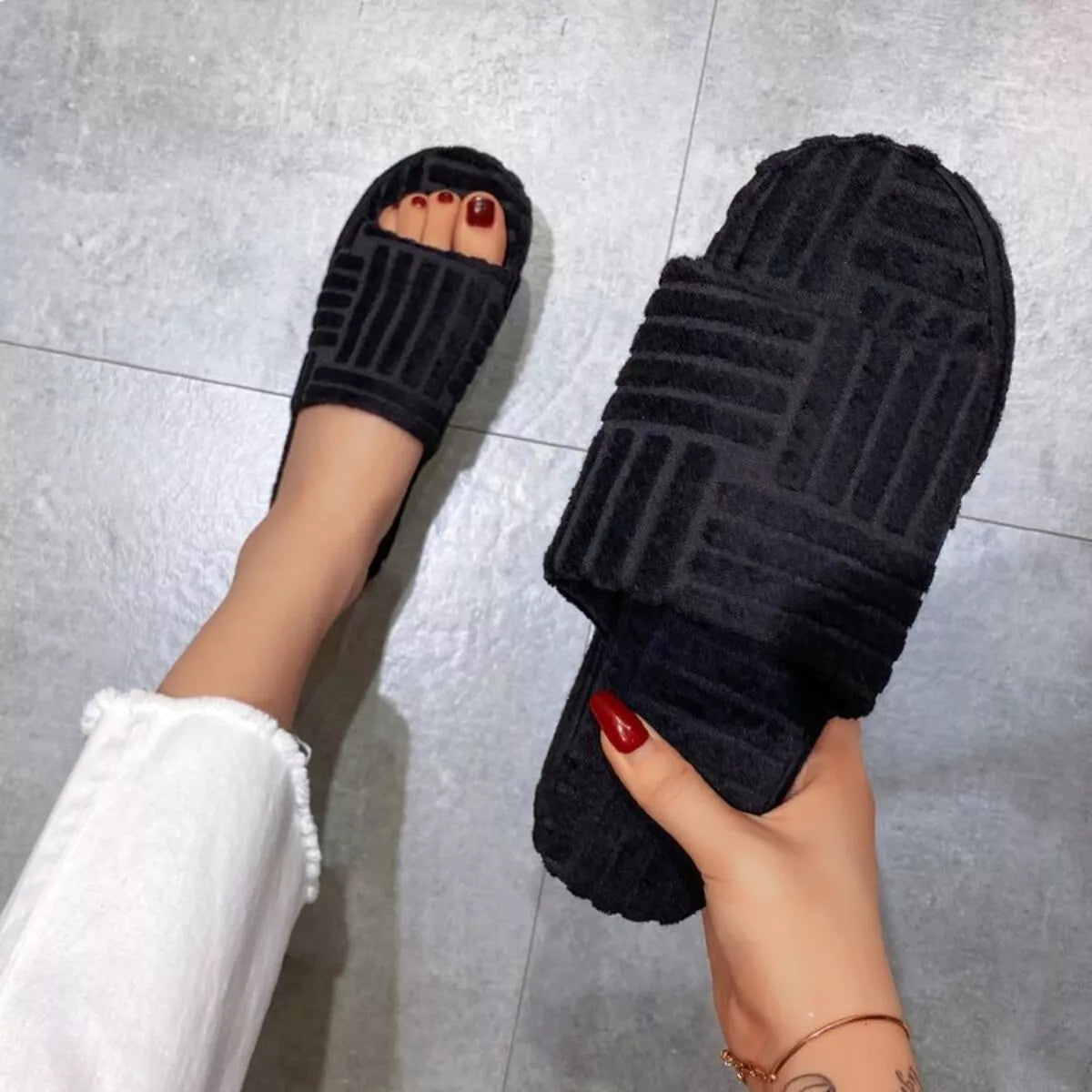 White Open Toe Platform Slippers Textured Slide Sandals