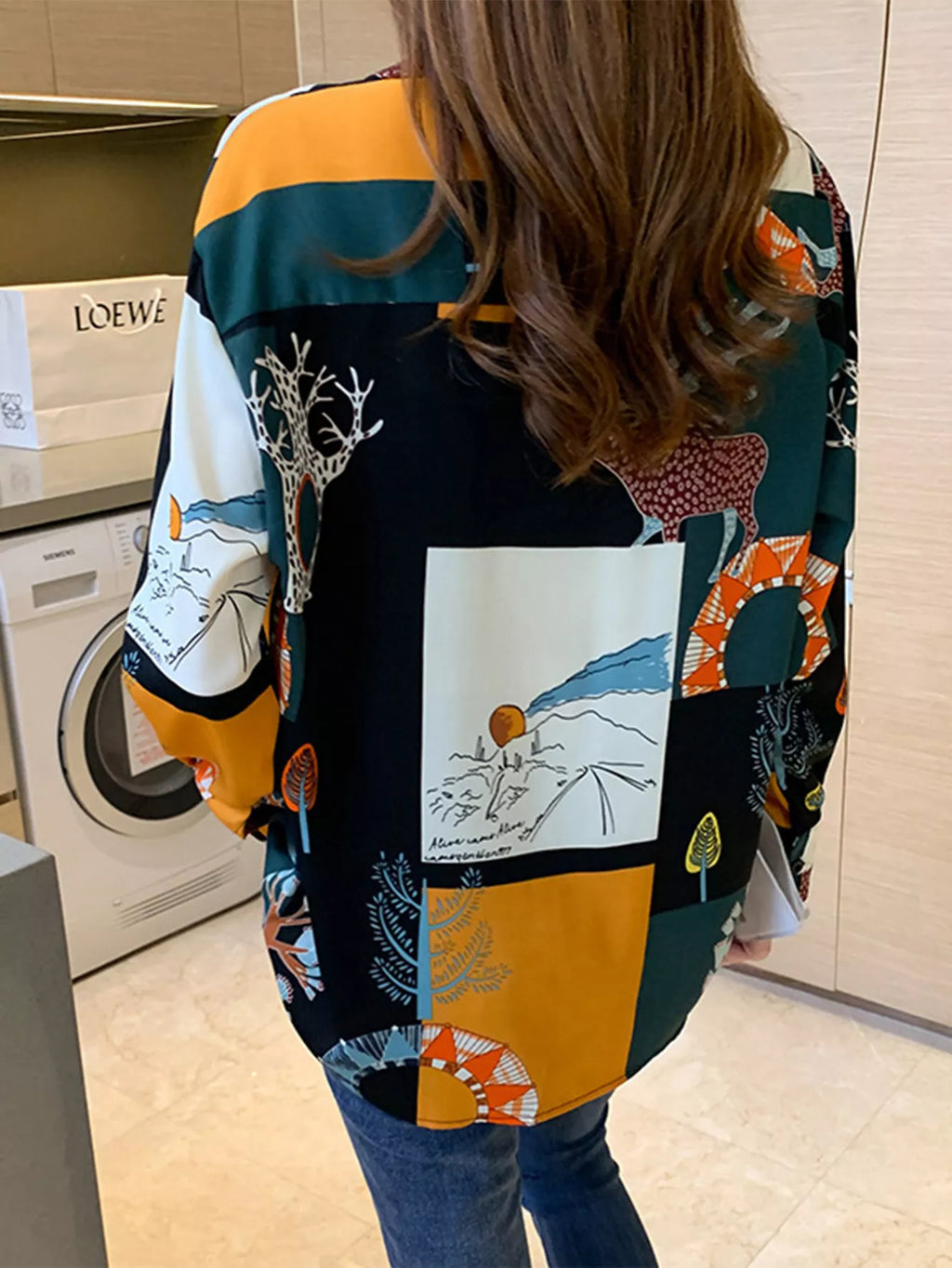 Women's Eclectic Abstract Print Long Sleeve Button-Up Blouse
