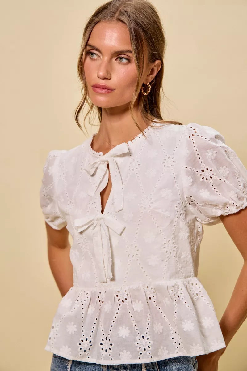 Women's Cotton Eyelet Blouse with Front Tie