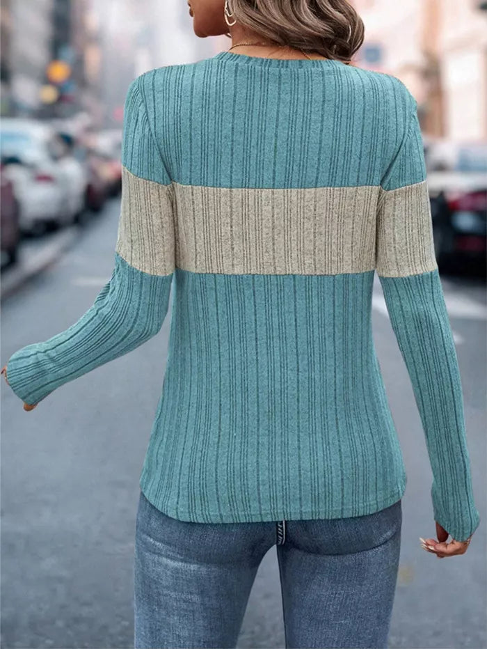 Women's Color Block Ribbed Knit Long Sleeve T-Shirt Maroon