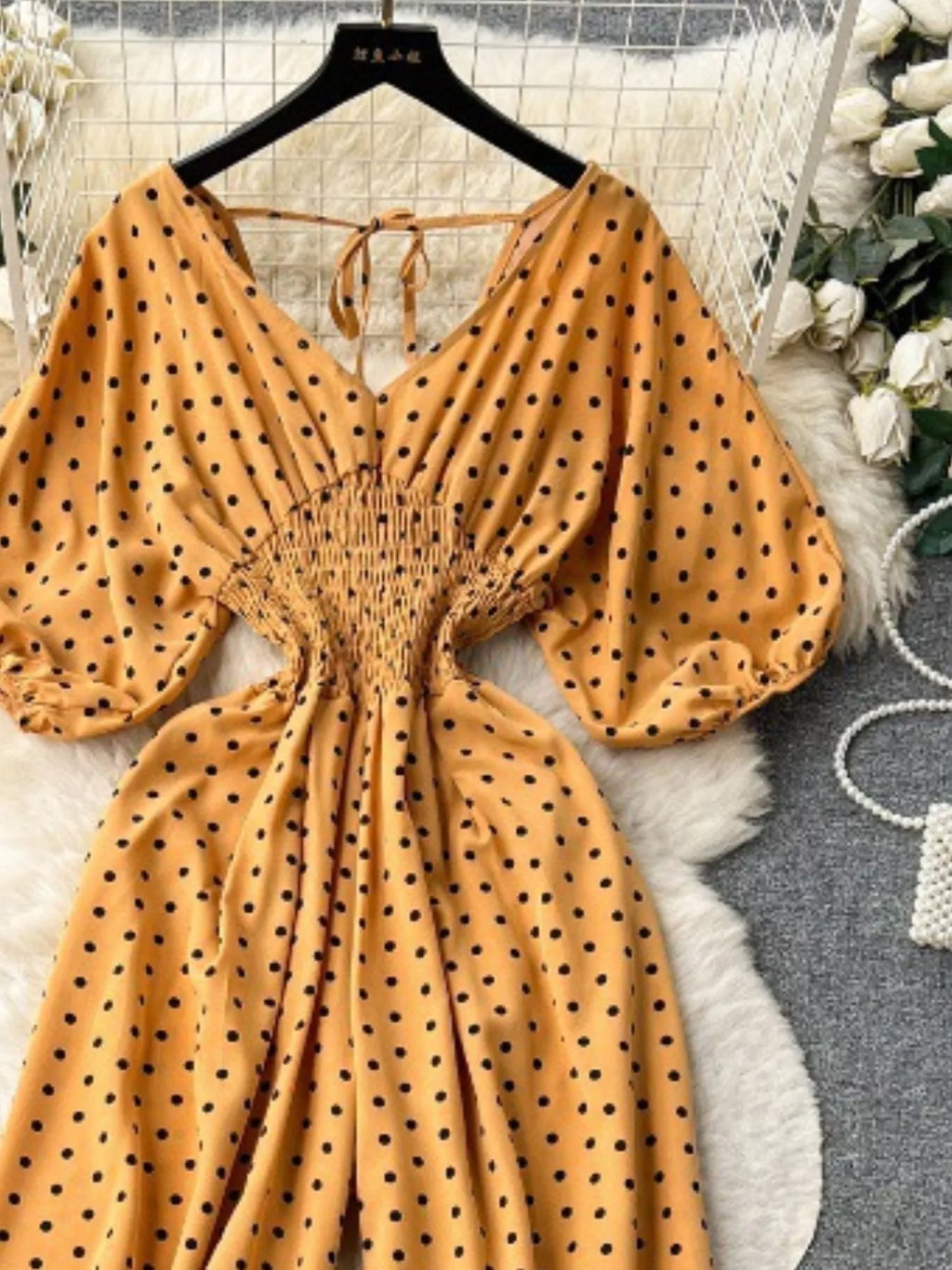Yellow Floral Print Smocked V-Neck Wide Leg Jumpsuit