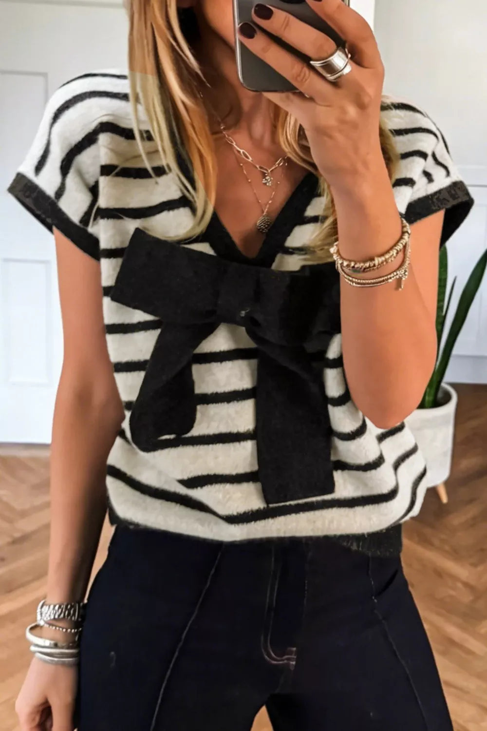 Short Sleeve Striped Sweater with Front Bow Detail