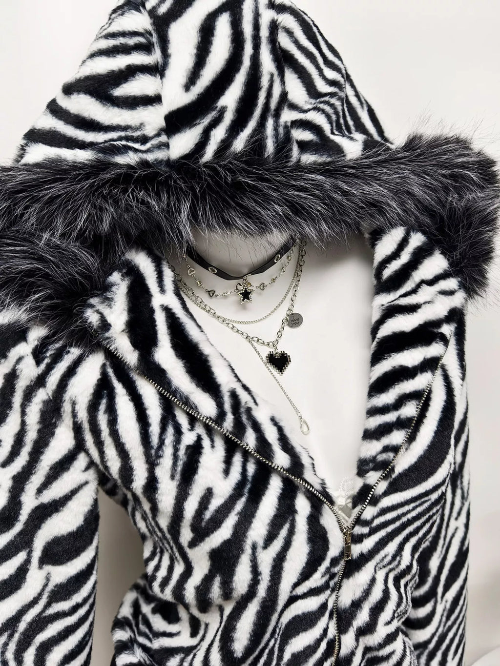 Zebra Faux Fur Hooded Zip-Up Jacket