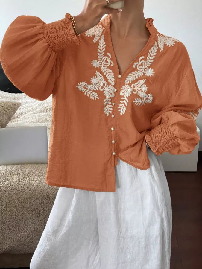 Women's Embroidered White Long Sleeve Notched Collar Blouse