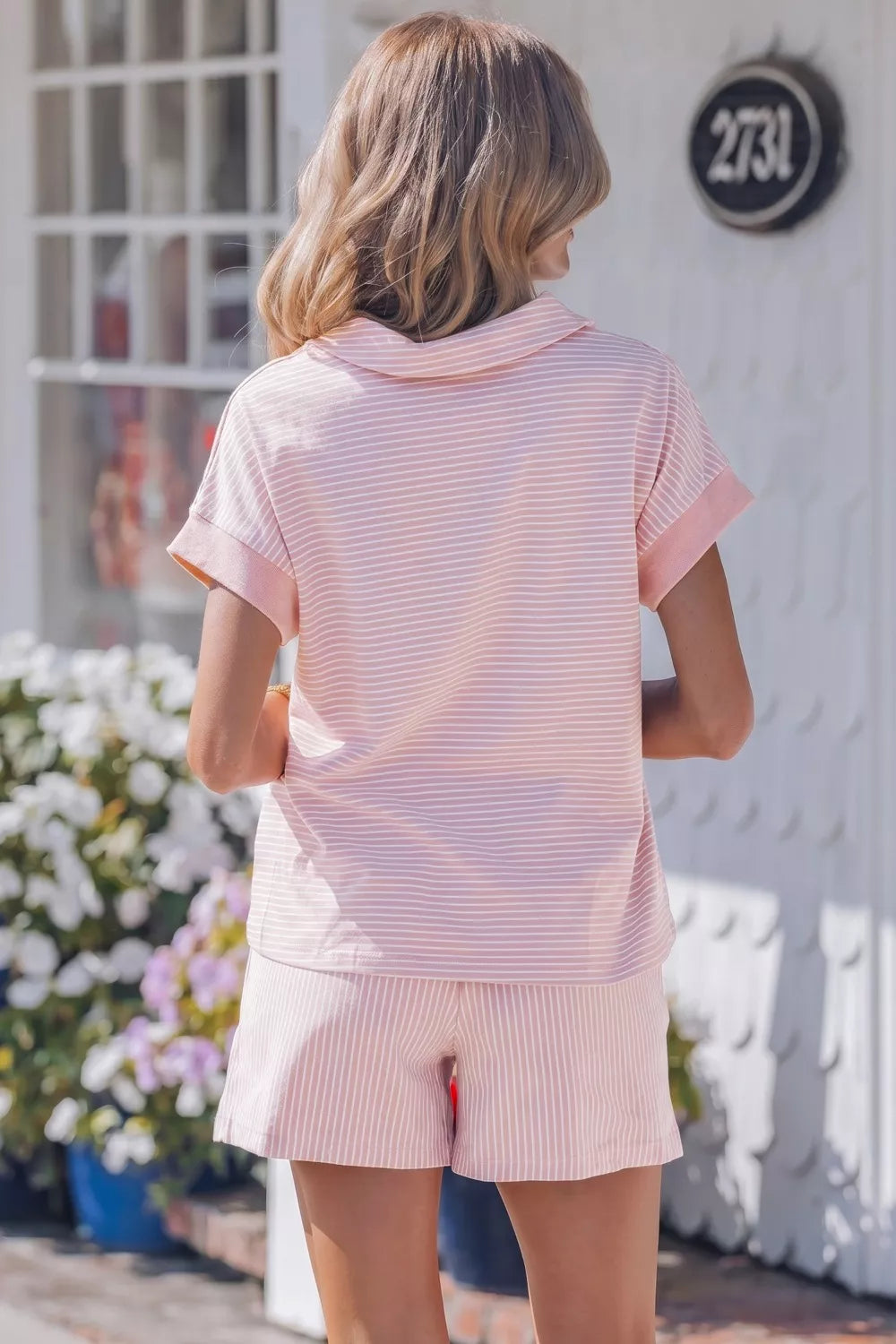 Striped Dolman Sleeve Polo Shirt and Drawstring Shorts Set