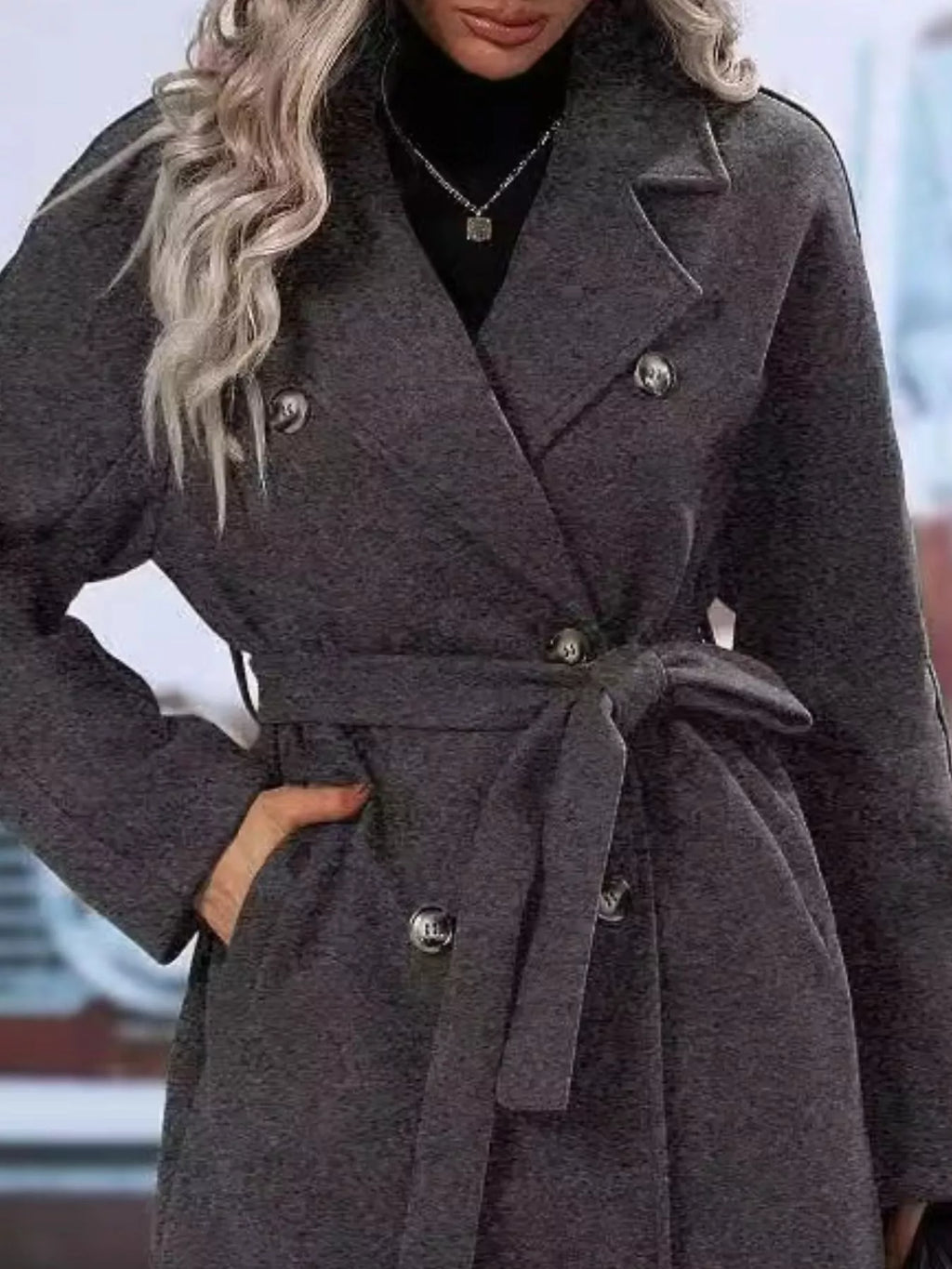 Women's Red Double-Breasted Lapel Collar Belted Long Overcoat