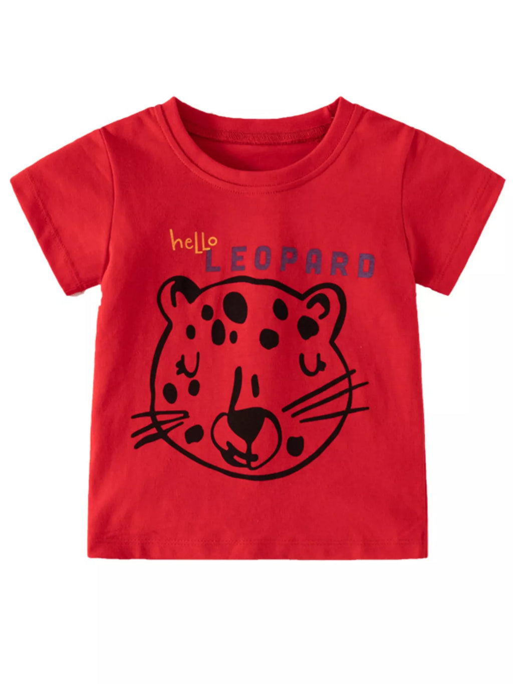 Children's Red Cotton Leopard Graphic Short Sleeve T-Shirt