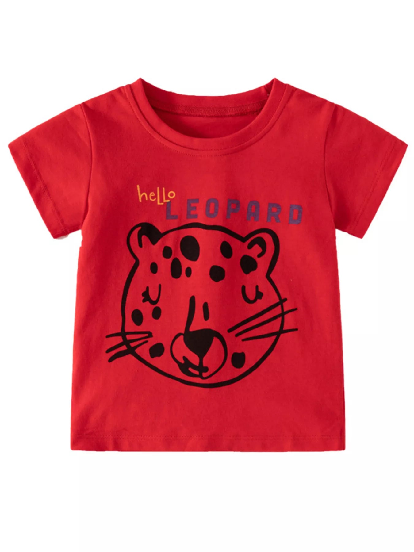 Children's Red Cotton Leopard Graphic Short Sleeve T-Shirt