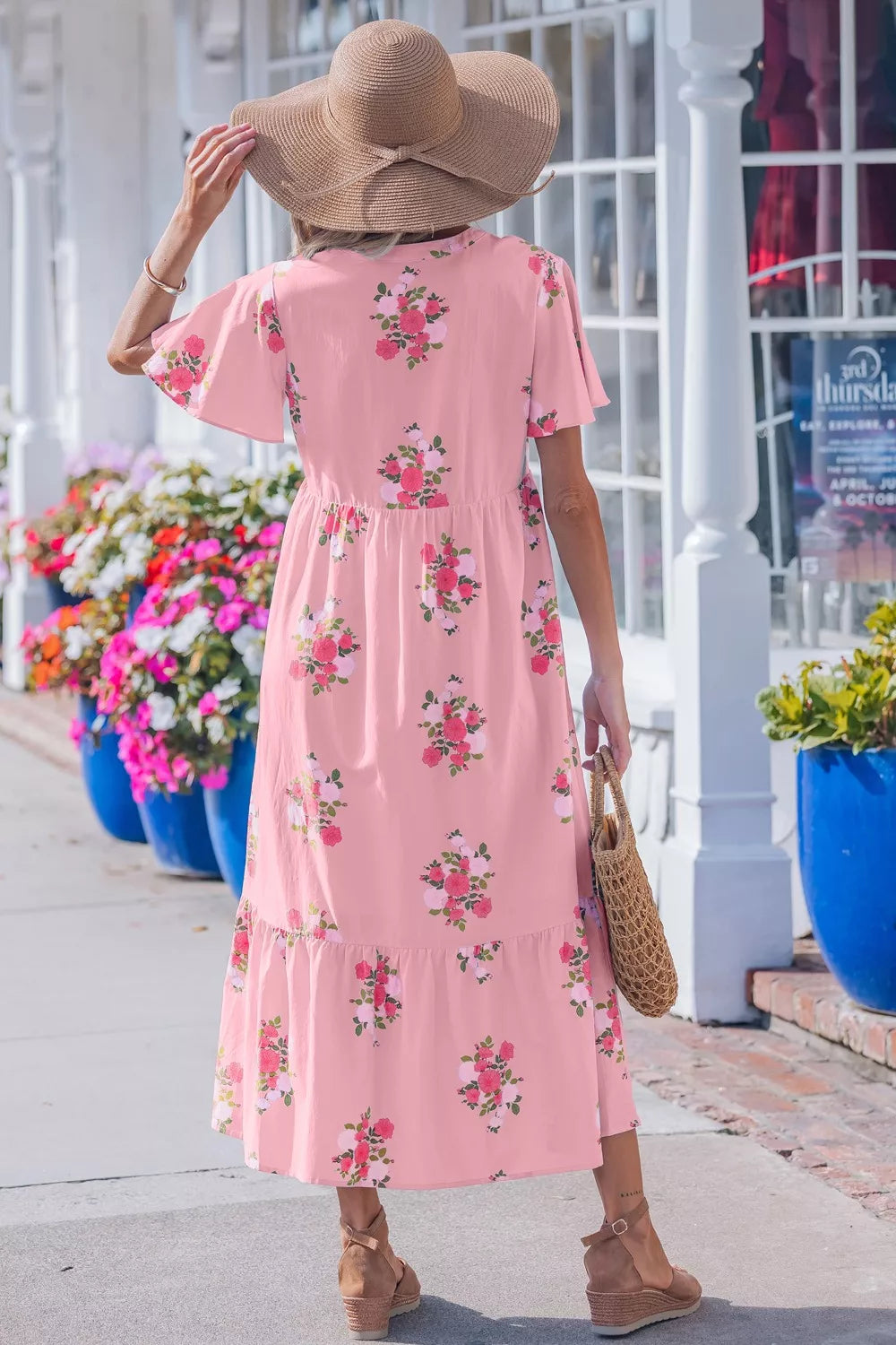 Pink Floral Notched Neck Flutter Sleeve Tiered Midi Dress