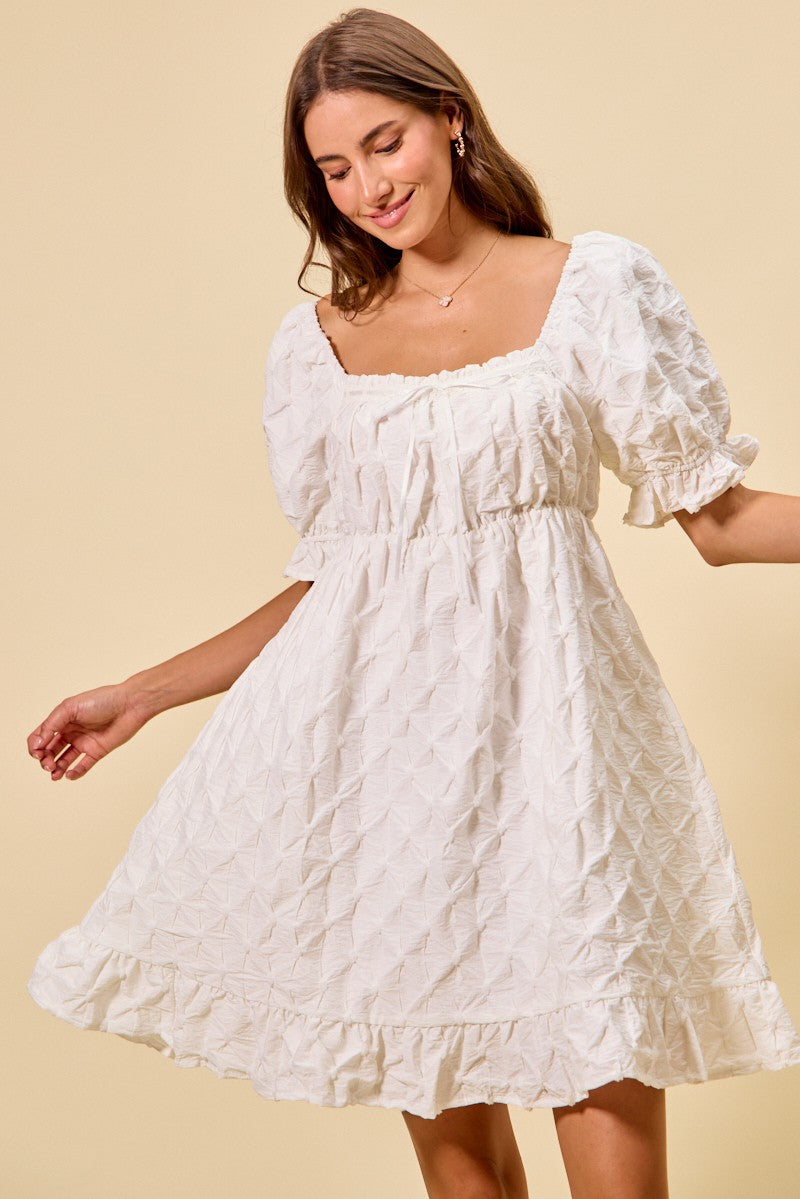 White Ruched Square Neck Mini Dress