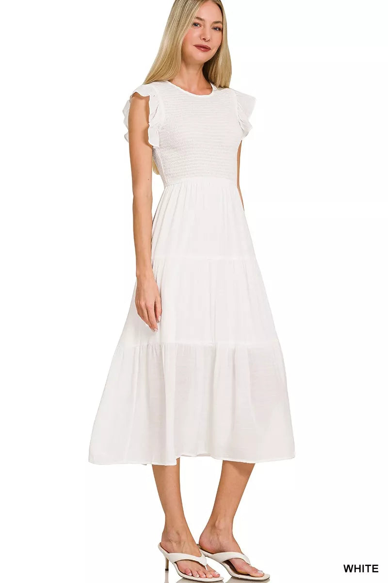 Woven Smocked Ruffle Sleeve Midi Dress in White