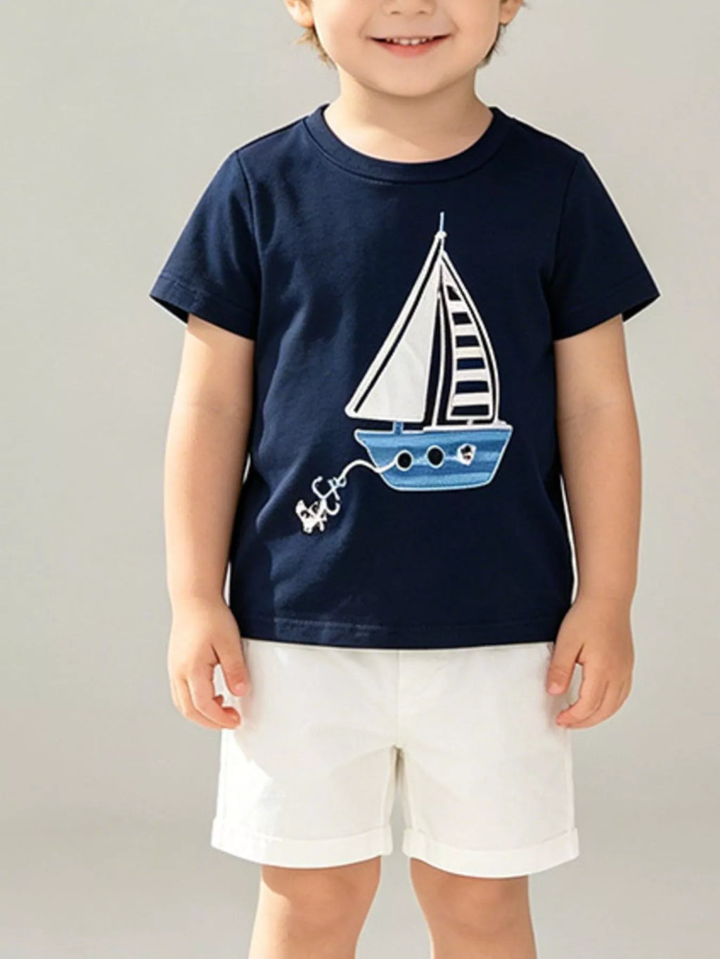 Boys Navy Blue Cotton Sailboat Graphic Round Neck T-Shirt