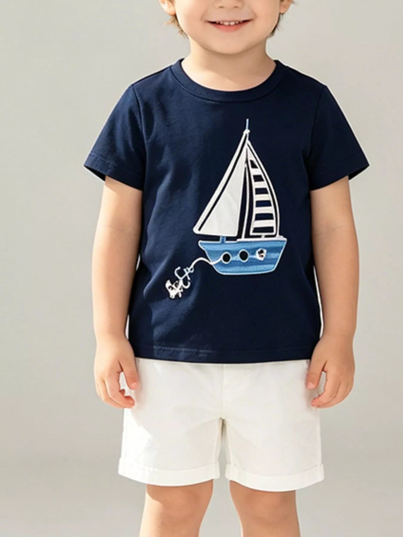 Boys Navy Blue Cotton Sailboat Graphic Round Neck T-Shirt
