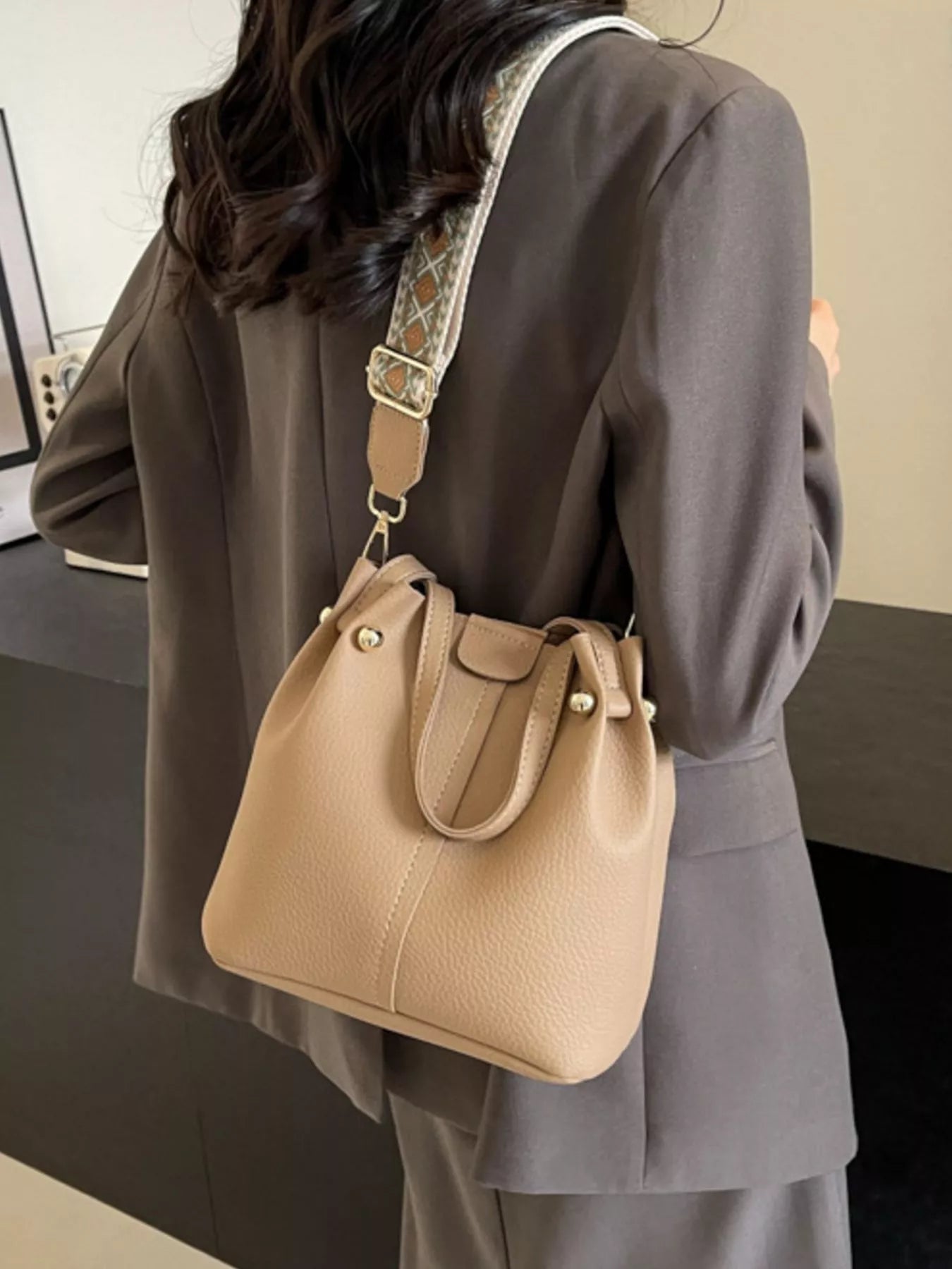 Black PU Leather Bucket Crossbody Bag with Patterned Strap