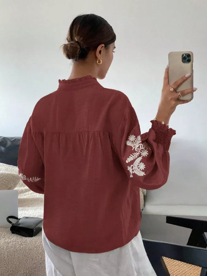 Women's Embroidered White Long Sleeve Notched Collar Blouse