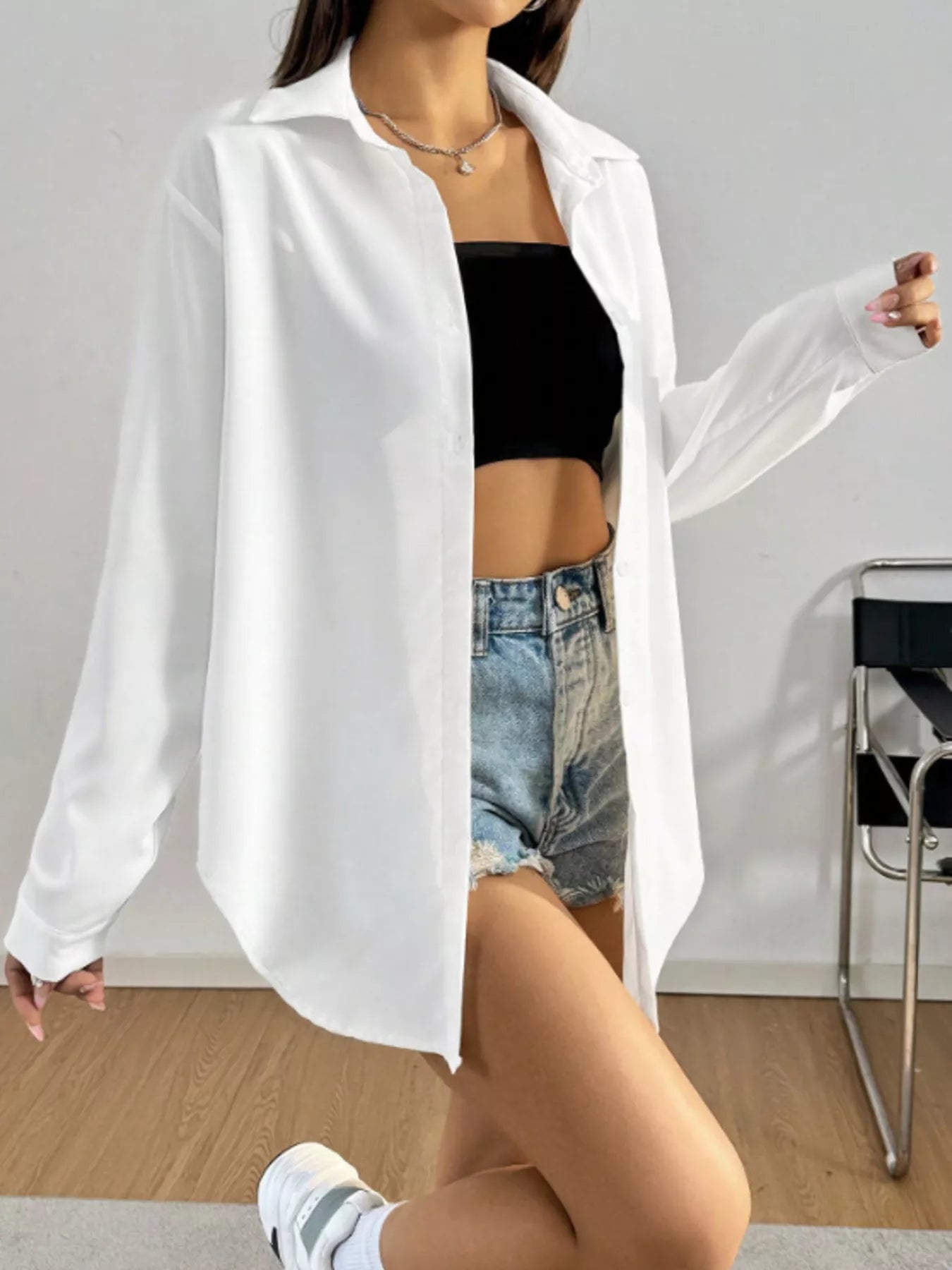 Women's White Long Sleeve Button Up Shirt Casual Oversized Top