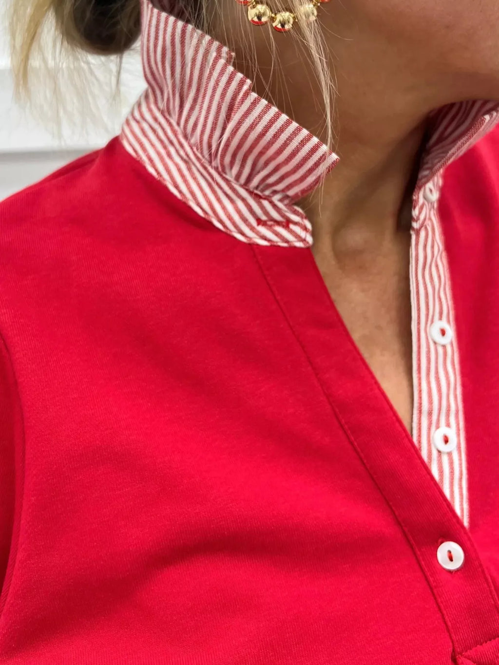 Pink Notched Neck Short Puff Sleeve Blouse with Button Detail