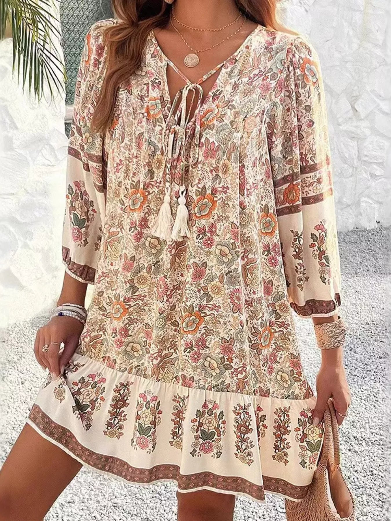 Floral Print Tassel Tie Neck Mini Dress