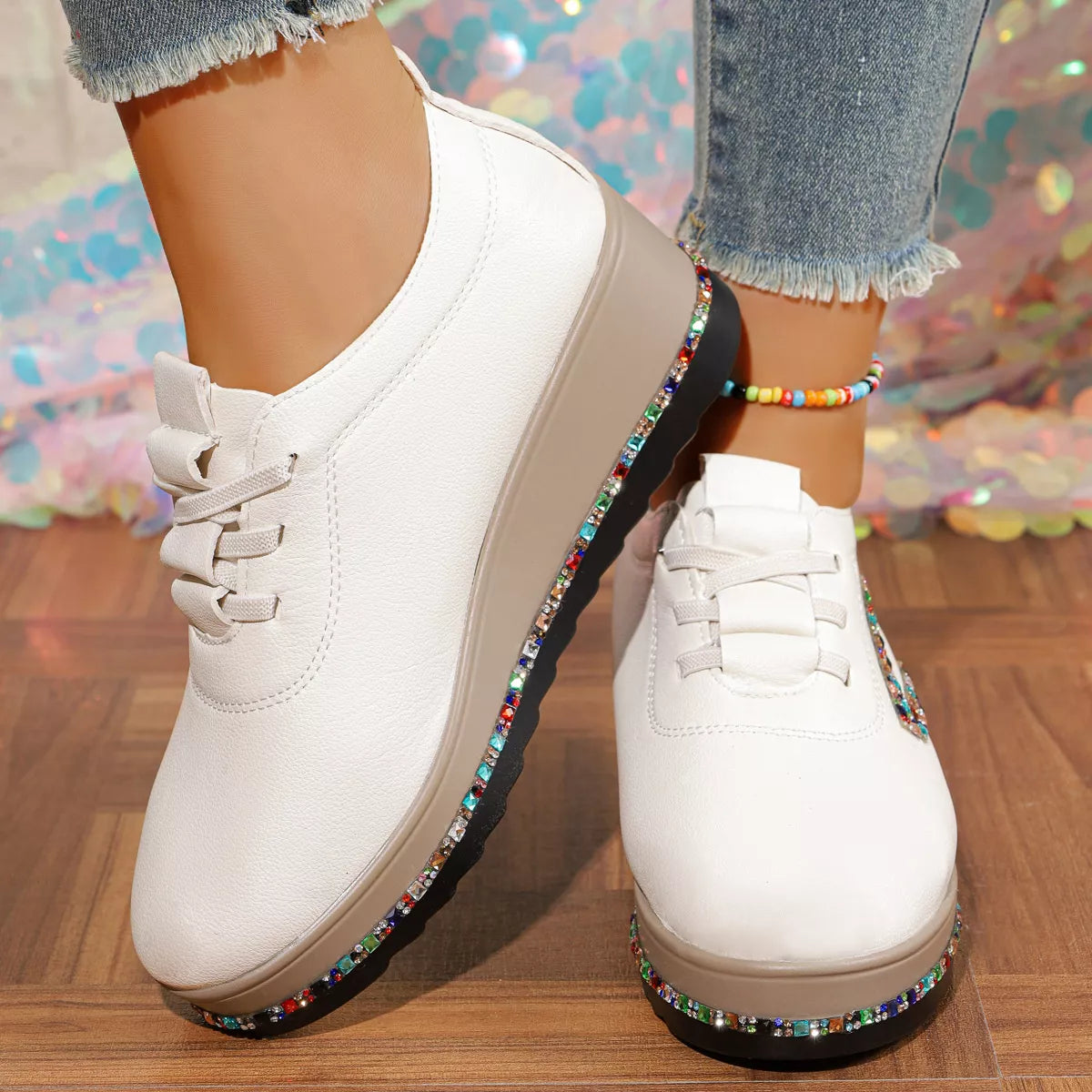 White Rhinestone Wedge Sneakers Mid Heel Comfort Walking Shoes