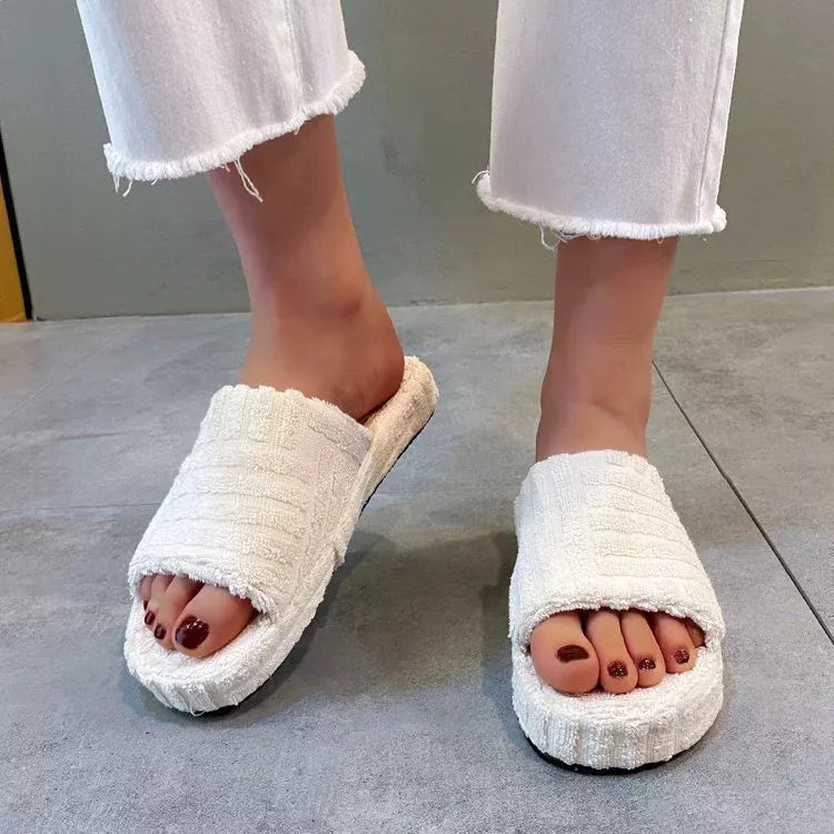 White Open Toe Platform Slippers Textured Slide Sandals