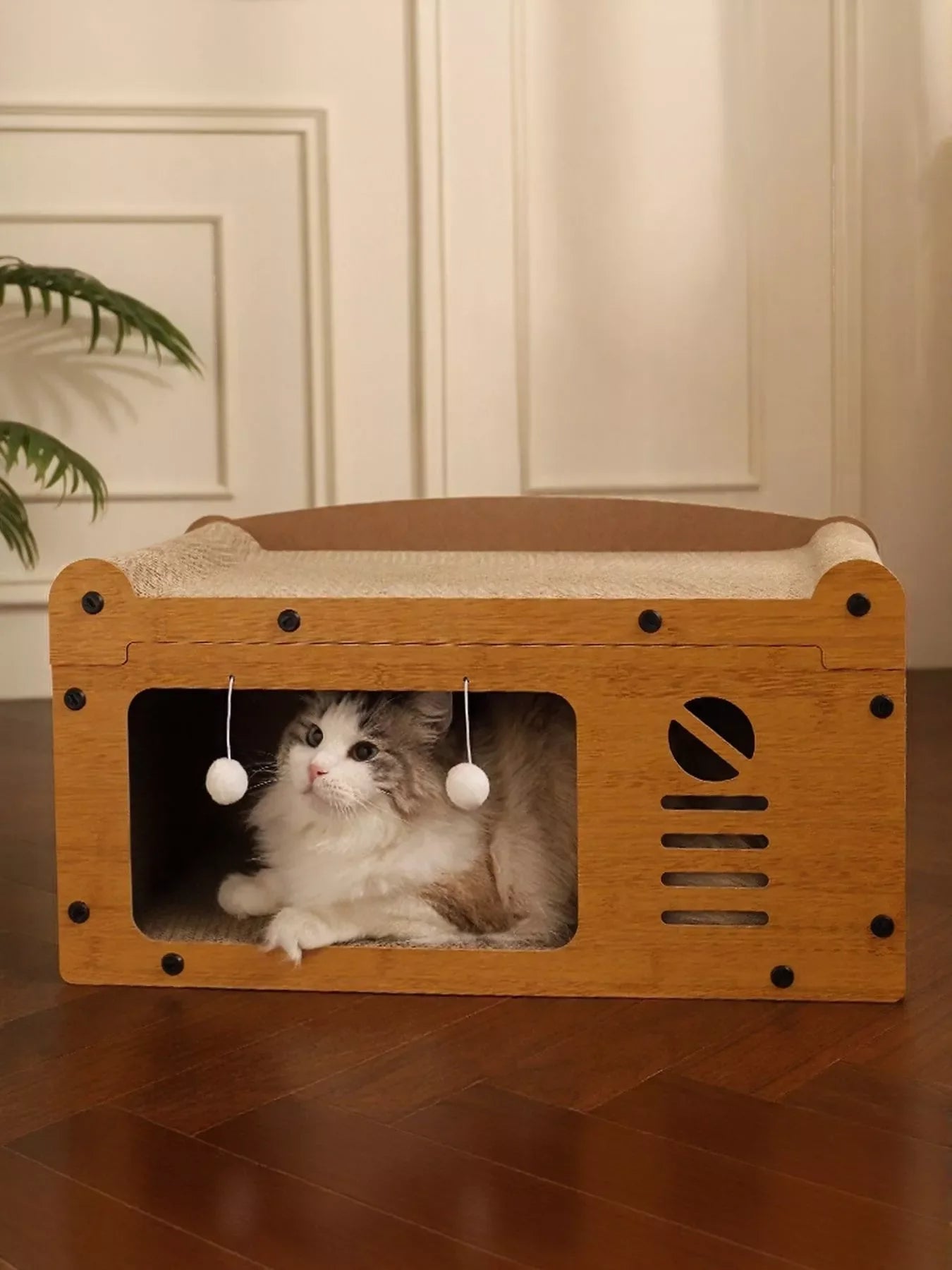 Wooden Cat House with Scratching Pad for Cozy Pet Relaxation