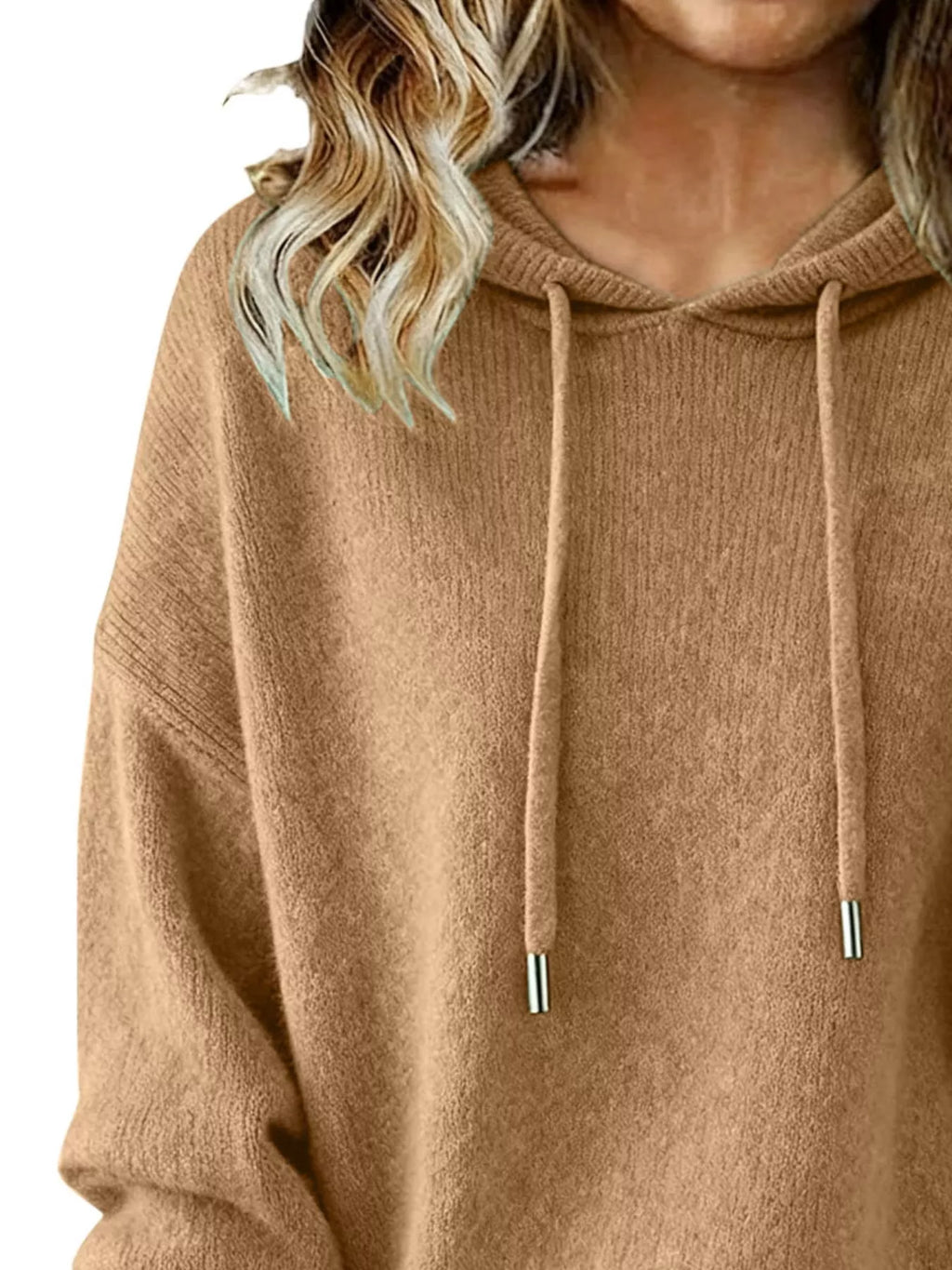 Women Long Sleeve Hooded Knit Sweater Drawstring Pullover
